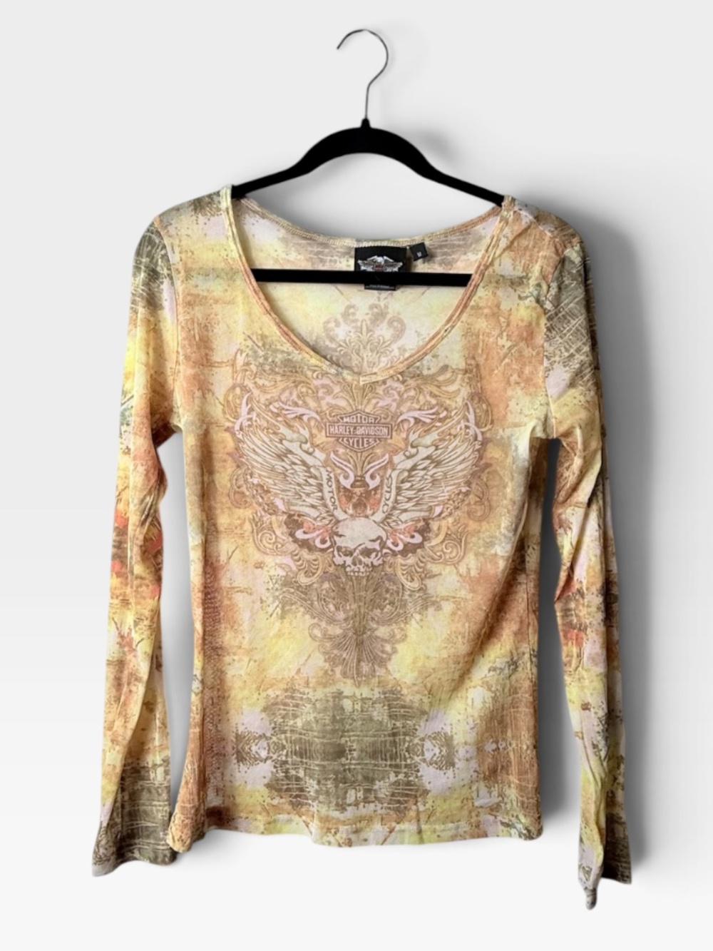 Harley Davidson Yellow Sheer Mesh Longsleeve Top Women's Size Medium (X)
